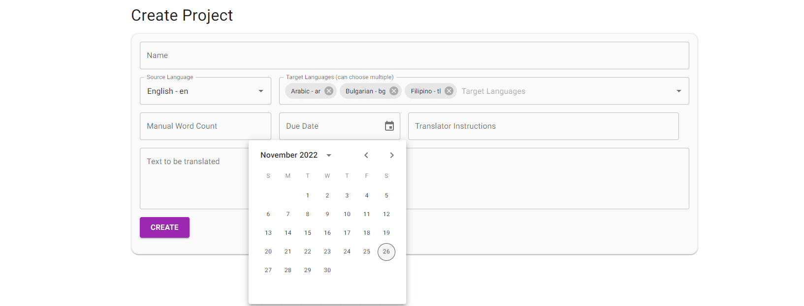 Choose duae date in Project Form