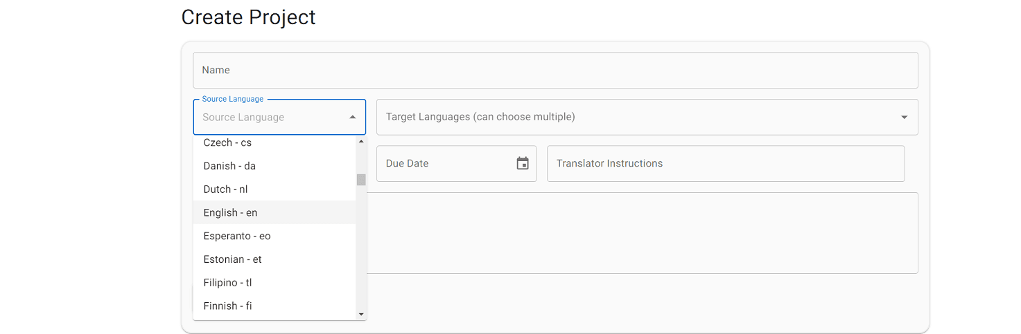 Selecting Source Language in Project Form