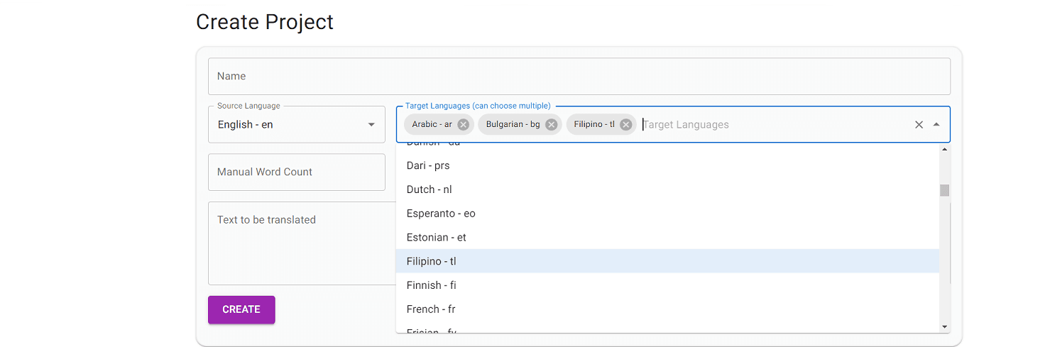 Selecting Target Language in Project Form