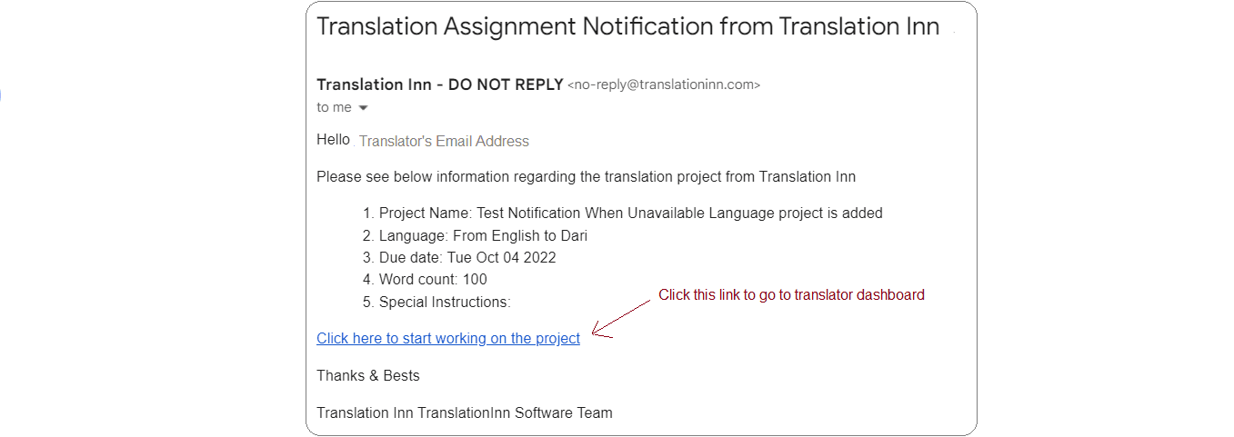 Sample Email Sent to Translator